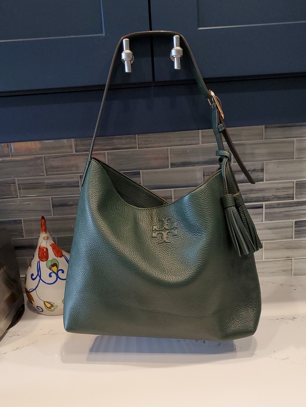Tory Burch Dark Green Pebbled Leather Shoulder Hobo with Tassel